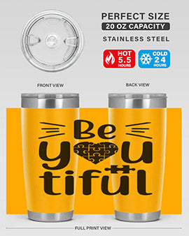 Be You Style 44# autism tumbler in stainless steel with a vibrant design, showcasing its double wall vacuum insulation and drink-thru lid.