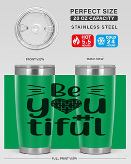 Be You Style 44# autism tumbler in stainless steel with a vibrant design, showcasing its double wall vacuum insulation and drink-thru lid.