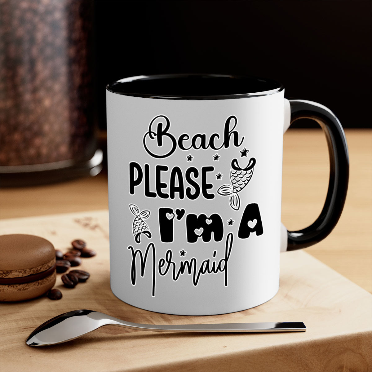 Beach Please I'm A Mermaid mug with colorful handle and glossy finish, perfect for coffee and tea lovers.