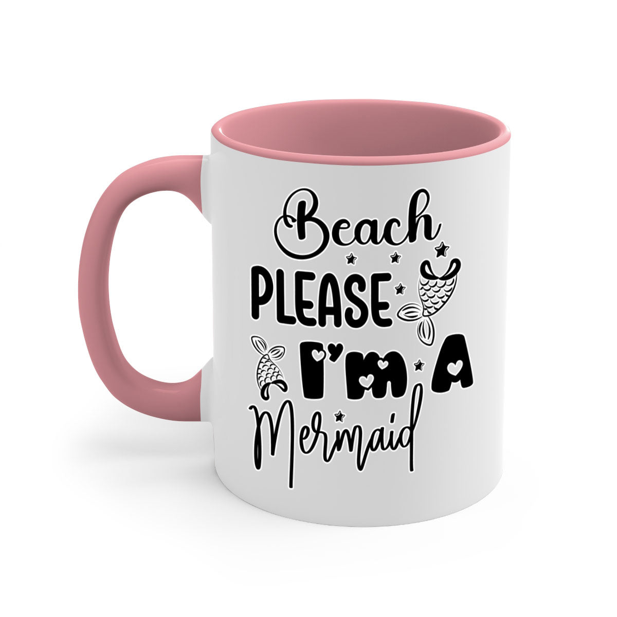 Beach Please I'm A Mermaid mug with colorful handle and glossy finish, perfect for coffee and tea lovers.