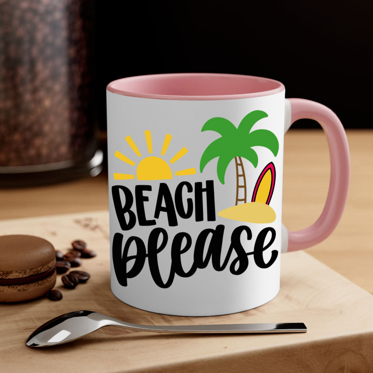 Beach Please Style 51# Mug with a glossy finish, featuring a colored handle and interior, available in multiple colors.