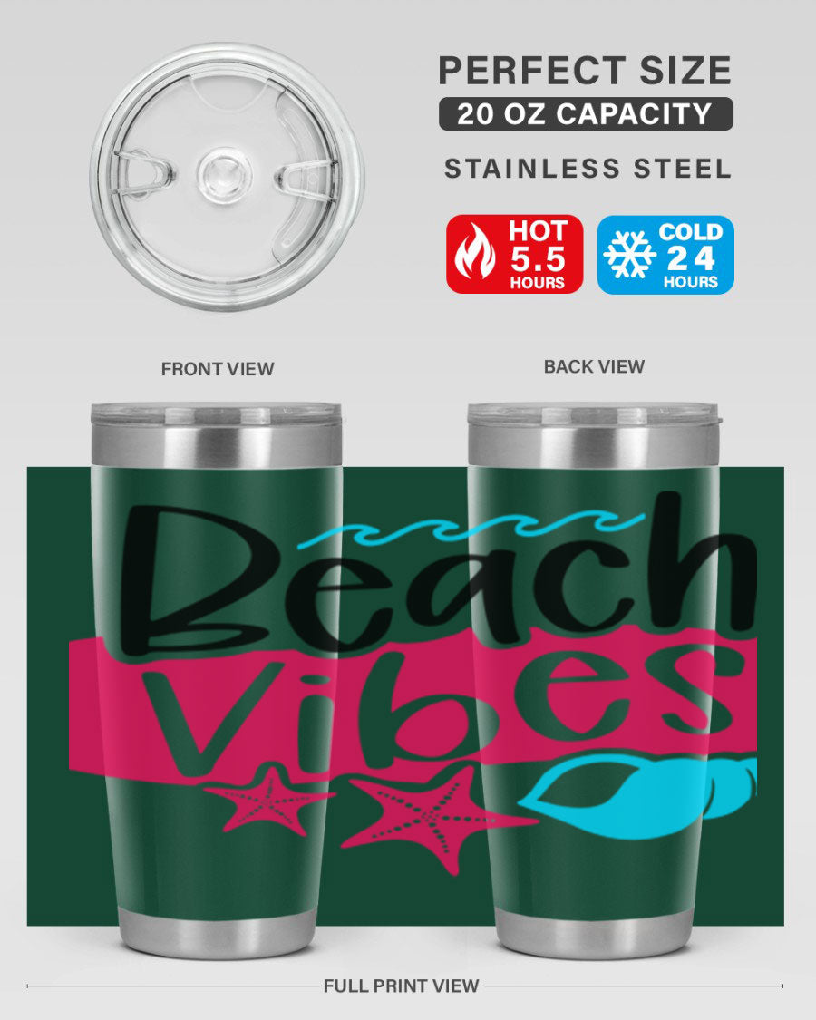 Beach Vibes Style 50# Tumbler in vibrant colors, showcasing its double wall stainless steel design and drink-thru lid.