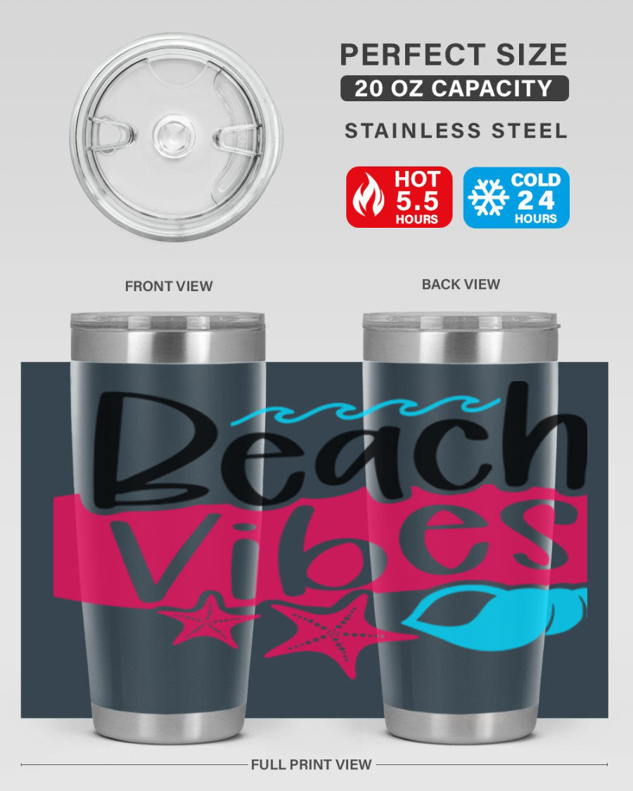 Beach Vibes Style 50# Tumbler in vibrant colors, showcasing its double wall stainless steel design and drink-thru lid.