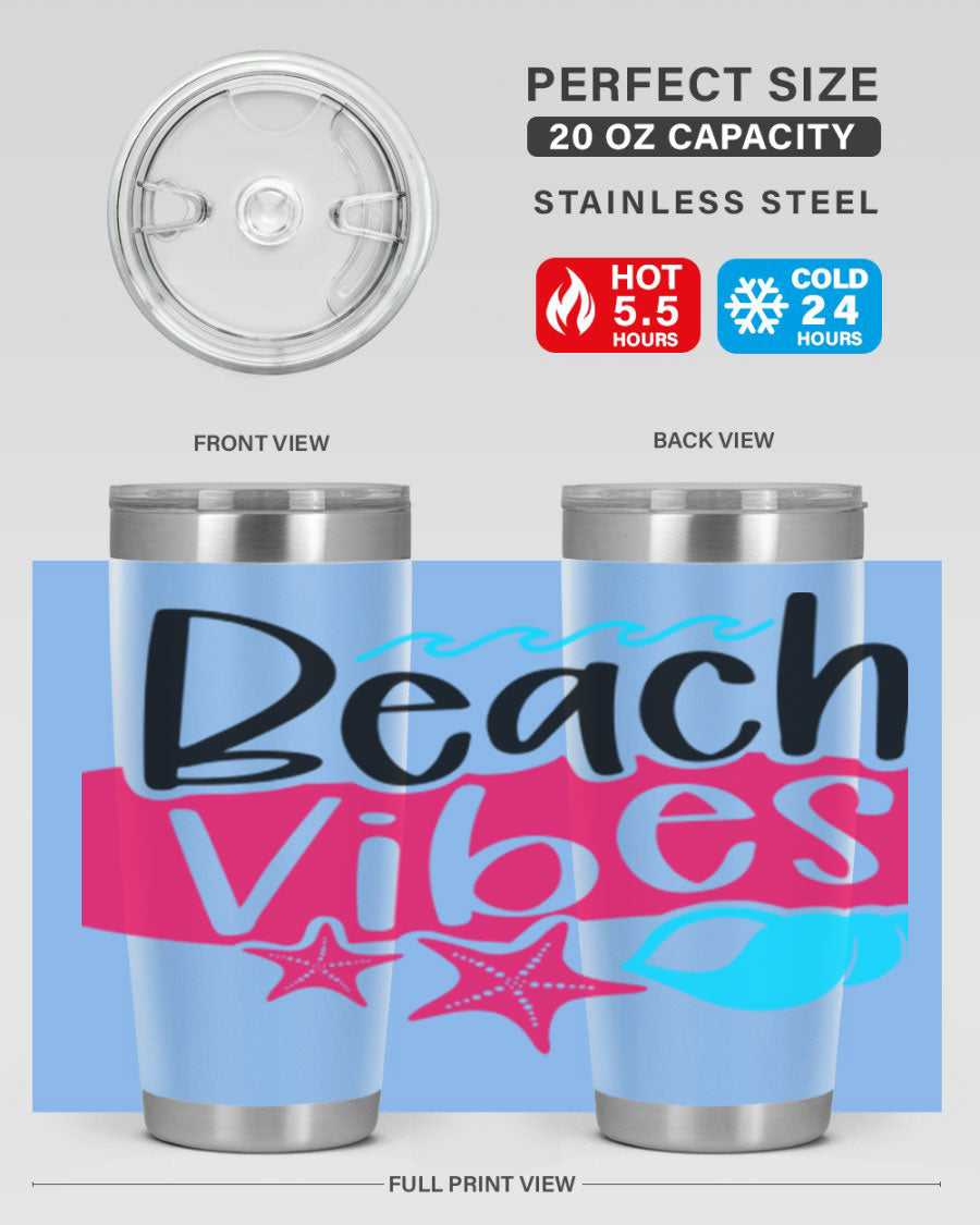 Beach Vibes Style 50# Tumbler in vibrant colors, showcasing its double wall stainless steel design and drink-thru lid.