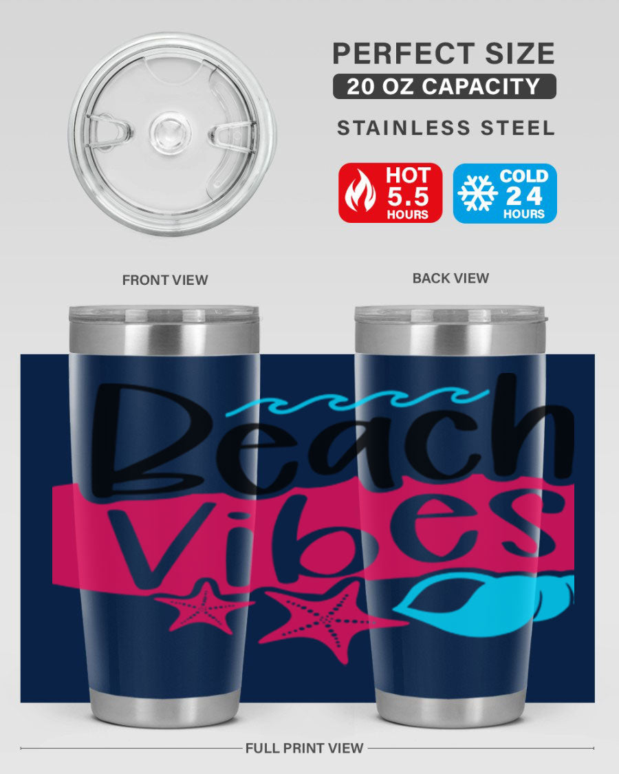 Beach Vibes Style 50# Tumbler in vibrant colors, showcasing its double wall stainless steel design and drink-thru lid.
