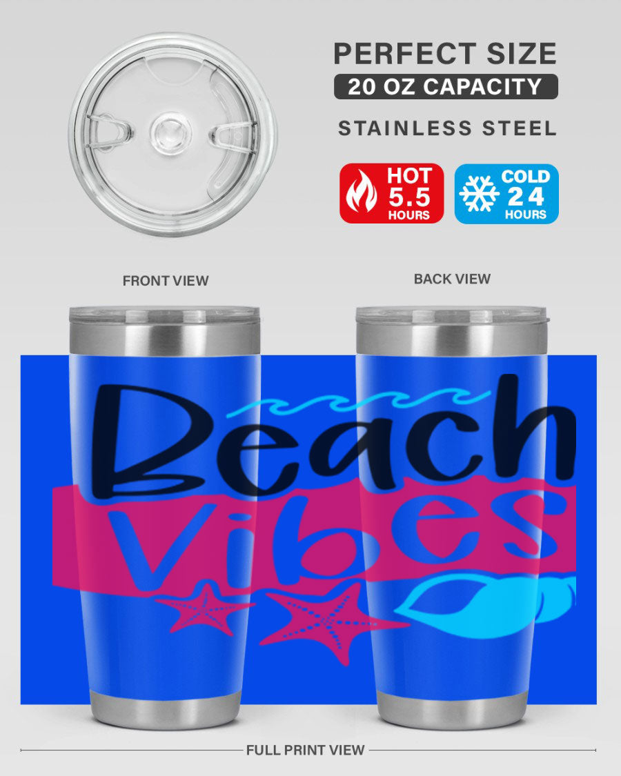 Beach Vibes Style 50# Tumbler in vibrant colors, showcasing its double wall stainless steel design and drink-thru lid.