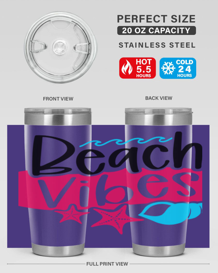 Beach Vibes Style 50# Tumbler in vibrant colors, showcasing its double wall stainless steel design and drink-thru lid.