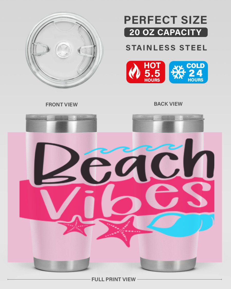 Beach Vibes Style 50# Tumbler in vibrant colors, showcasing its double wall stainless steel design and drink-thru lid.