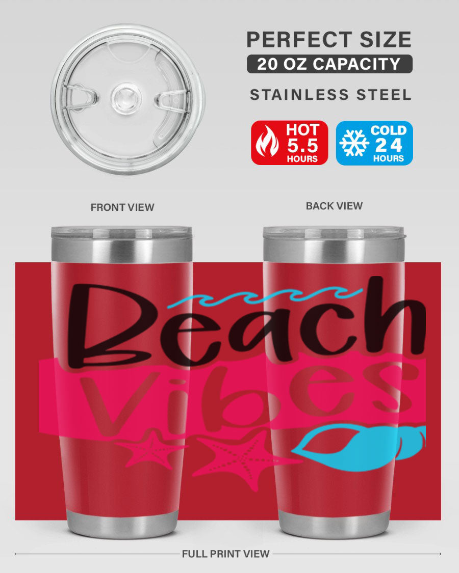 Beach Vibes Style 50# Tumbler in vibrant colors, showcasing its double wall stainless steel design and drink-thru lid.