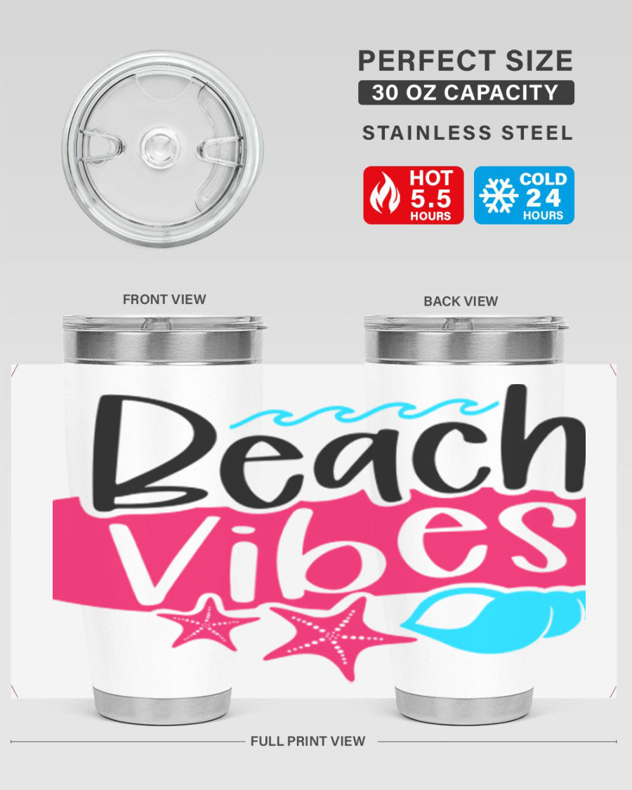 Beach Vibes Style 50# Tumbler in vibrant colors, showcasing its double wall stainless steel design and drink-thru lid.