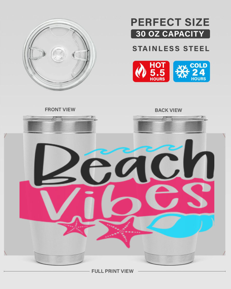 Beach Vibes Style 50# Tumbler in vibrant colors, showcasing its double wall stainless steel design and drink-thru lid.