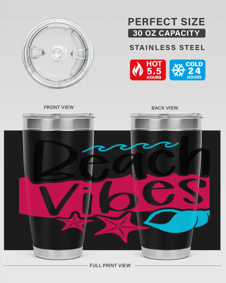 Beach Vibes Style 50# Tumbler in vibrant colors, showcasing its double wall stainless steel design and drink-thru lid.