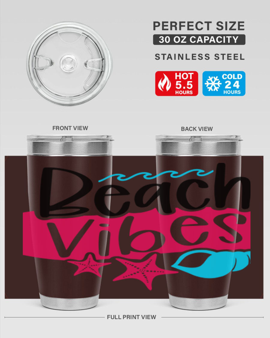 Beach Vibes Style 50# Tumbler in vibrant colors, showcasing its double wall stainless steel design and drink-thru lid.