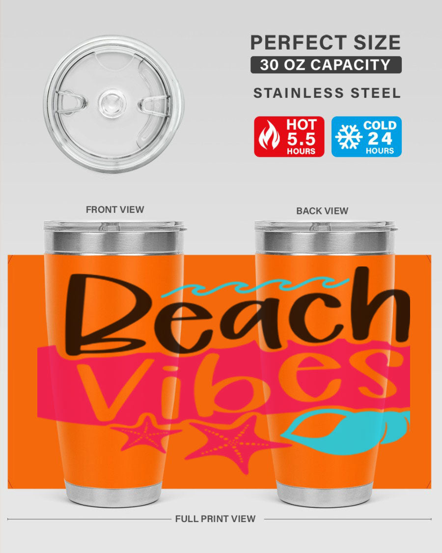 Beach Vibes Style 50# Tumbler in vibrant colors, showcasing its double wall stainless steel design and drink-thru lid.