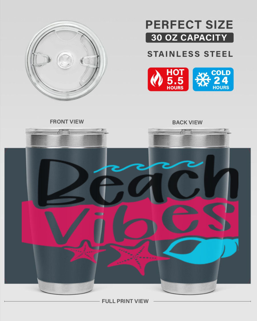 Beach Vibes Style 50# Tumbler in vibrant colors, showcasing its double wall stainless steel design and drink-thru lid.