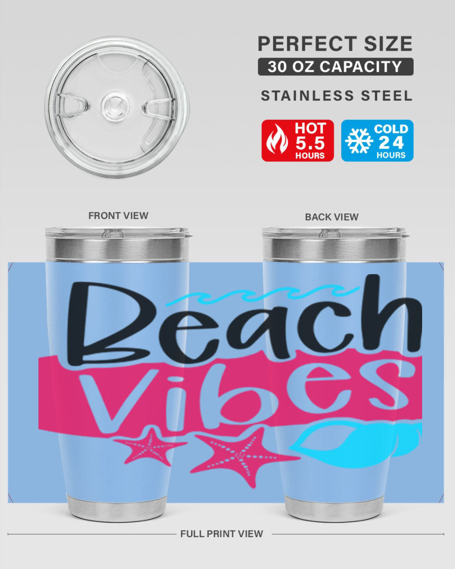 Beach Vibes Style 50# Tumbler in vibrant colors, showcasing its double wall stainless steel design and drink-thru lid.
