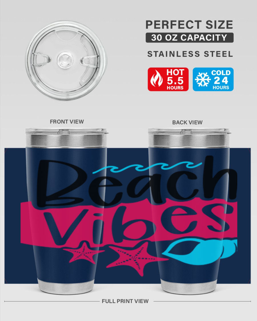 Beach Vibes Style 50# Tumbler in vibrant colors, showcasing its double wall stainless steel design and drink-thru lid.