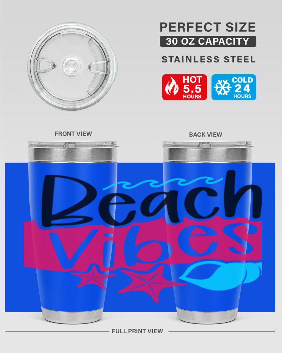 Beach Vibes Style 50# Tumbler in vibrant colors, showcasing its double wall stainless steel design and drink-thru lid.