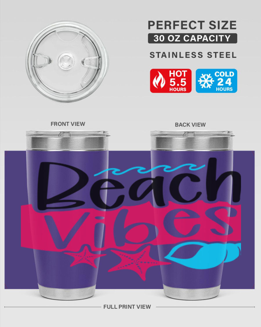 Beach Vibes Style 50# Tumbler in vibrant colors, showcasing its double wall stainless steel design and drink-thru lid.
