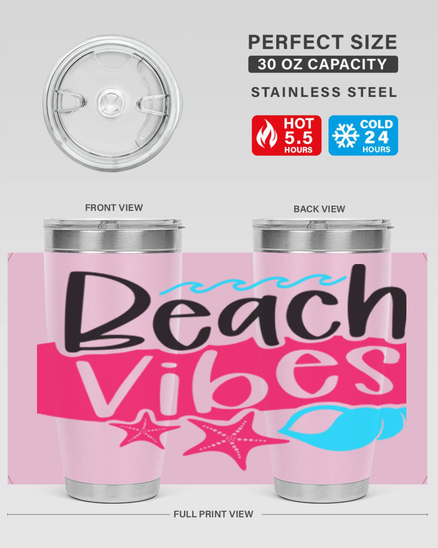 Beach Vibes Style 50# Tumbler in vibrant colors, showcasing its double wall stainless steel design and drink-thru lid.