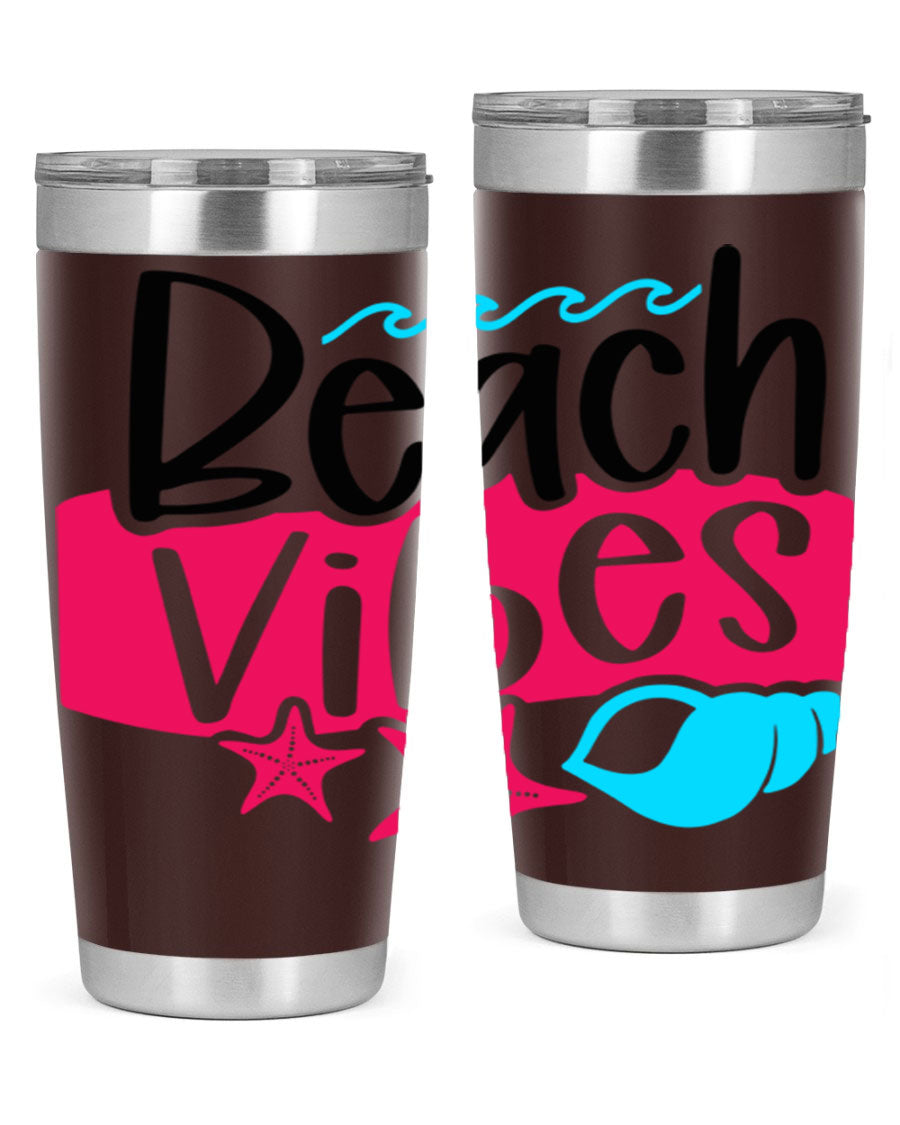 Beach Vibes Style 50# Tumbler in vibrant colors, showcasing its double wall stainless steel design and drink-thru lid.