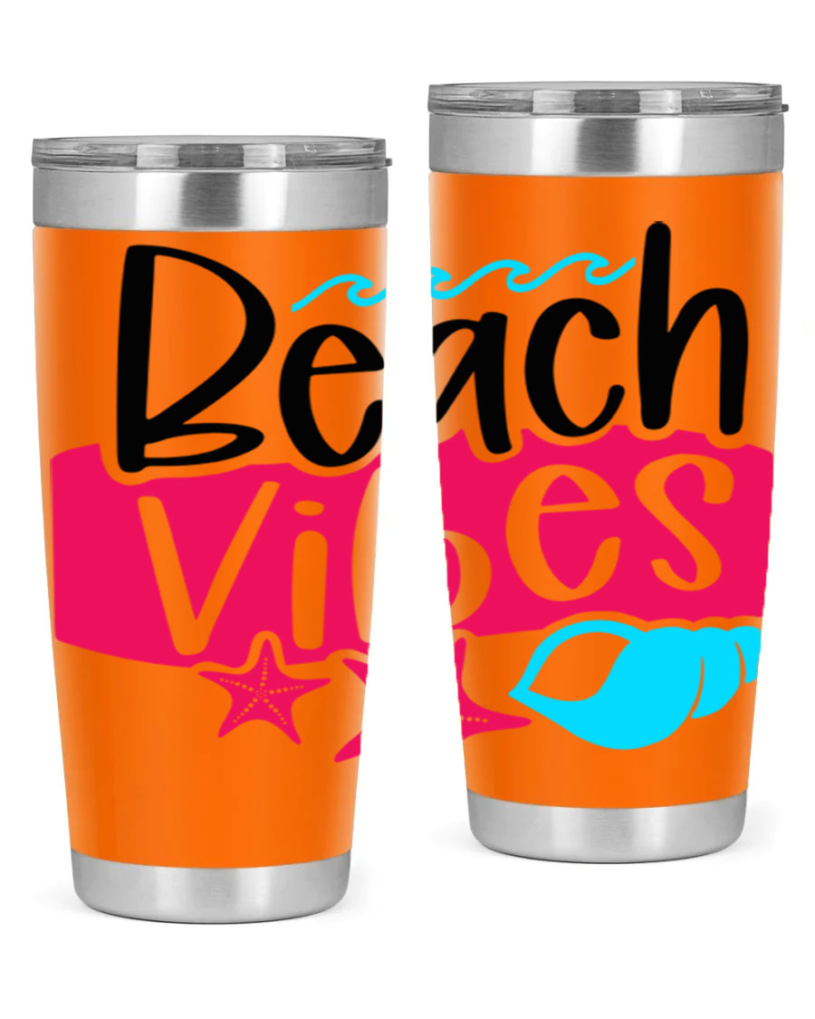 Beach Vibes Style 50# Tumbler in vibrant colors, showcasing its double wall stainless steel design and drink-thru lid.