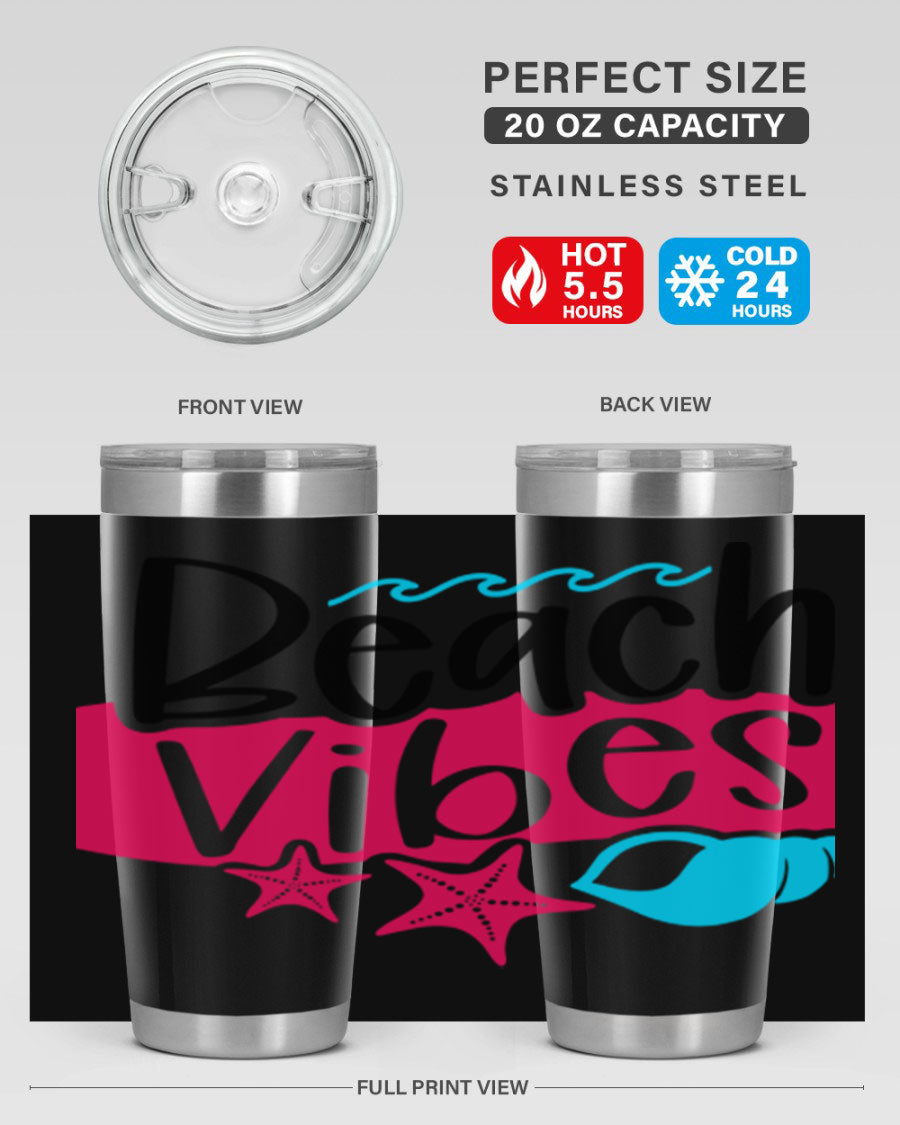 Beach Vibes Style 50# Tumbler in vibrant colors, showcasing its double wall stainless steel design and drink-thru lid.