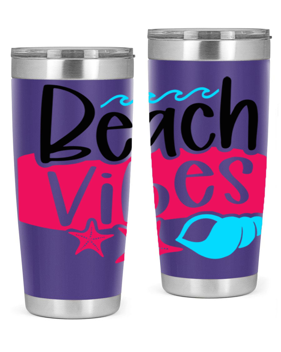 Beach Vibes Style 50# Tumbler in vibrant colors, showcasing its double wall stainless steel design and drink-thru lid.