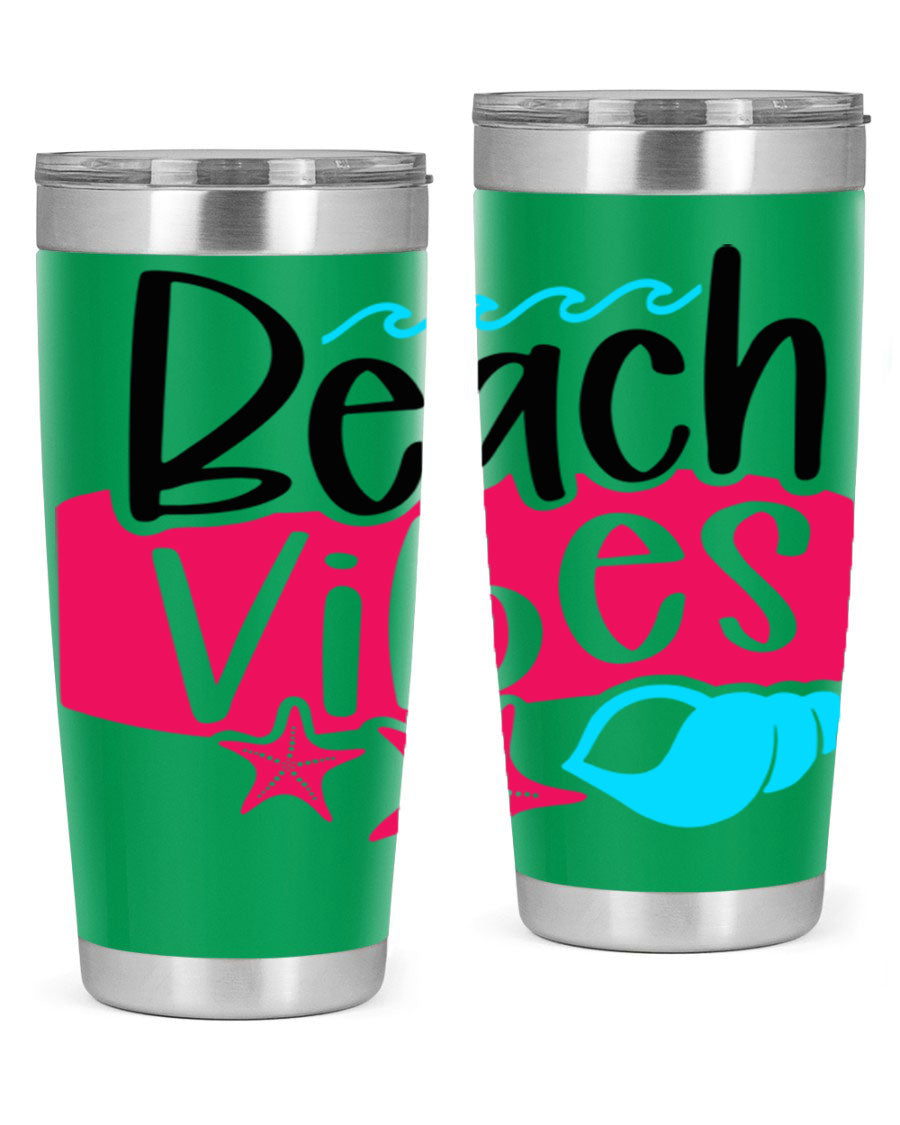 Beach Vibes Style 50# Tumbler in vibrant colors, showcasing its double wall stainless steel design and drink-thru lid.