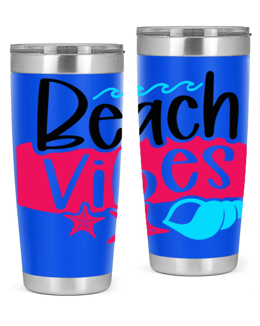 Beach Vibes Style 50# Tumbler in vibrant colors, showcasing its double wall stainless steel design and drink-thru lid.