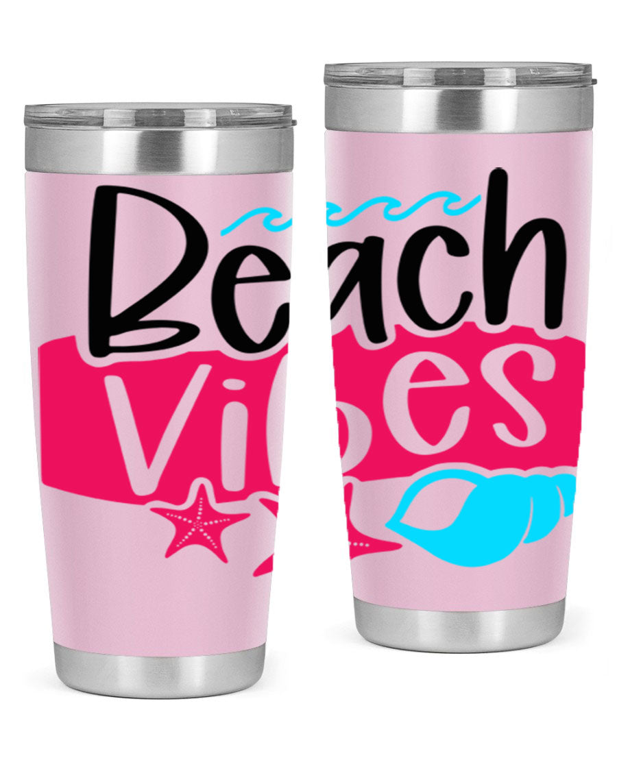 Beach Vibes Style 50# Tumbler in vibrant colors, showcasing its double wall stainless steel design and drink-thru lid.