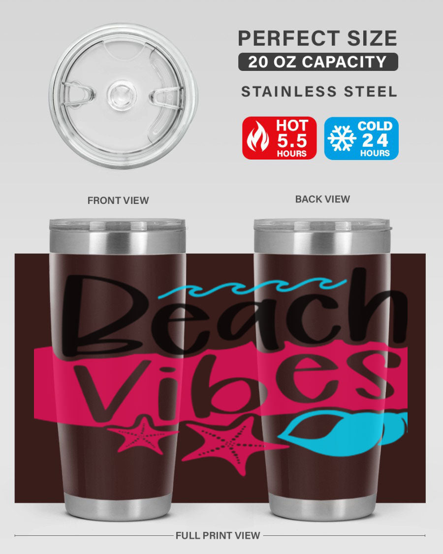 Beach Vibes Style 50# Tumbler in vibrant colors, showcasing its double wall stainless steel design and drink-thru lid.