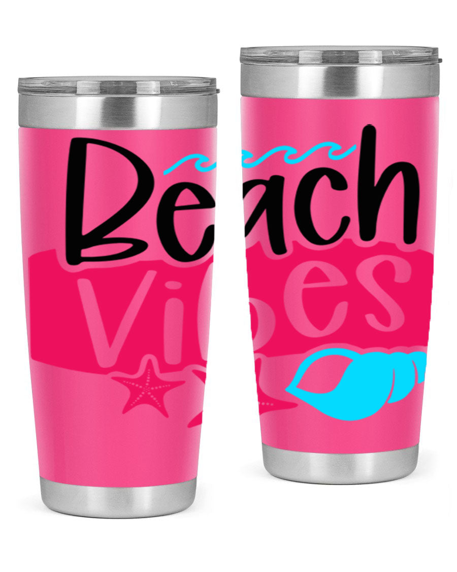 Beach Vibes Style 50# Tumbler in vibrant colors, showcasing its double wall stainless steel design and drink-thru lid.