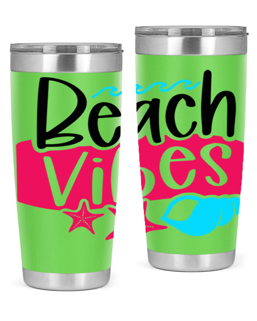 Beach Vibes Style 50# Tumbler in vibrant colors, showcasing its double wall stainless steel design and drink-thru lid.