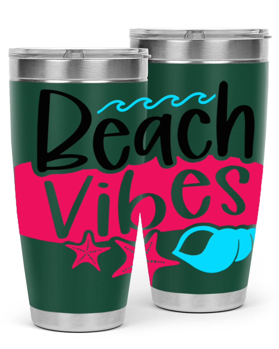 Beach Vibes Style 50# Tumbler in vibrant colors, showcasing its double wall stainless steel design and drink-thru lid.