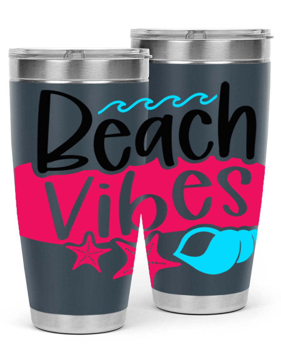 Beach Vibes Style 50# Tumbler in vibrant colors, showcasing its double wall stainless steel design and drink-thru lid.