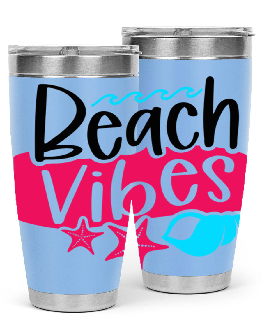 Beach Vibes Style 50# Tumbler in vibrant colors, showcasing its double wall stainless steel design and drink-thru lid.