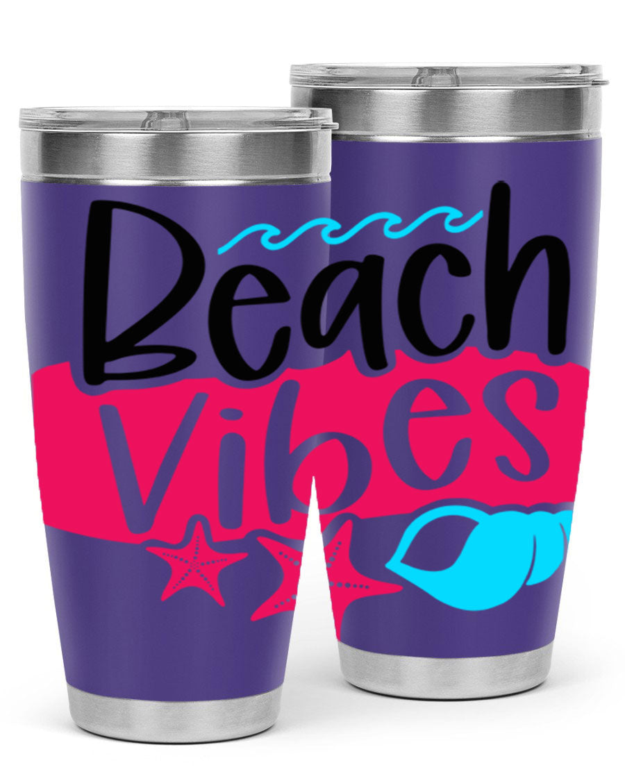 Beach Vibes Style 50# Tumbler in vibrant colors, showcasing its double wall stainless steel design and drink-thru lid.