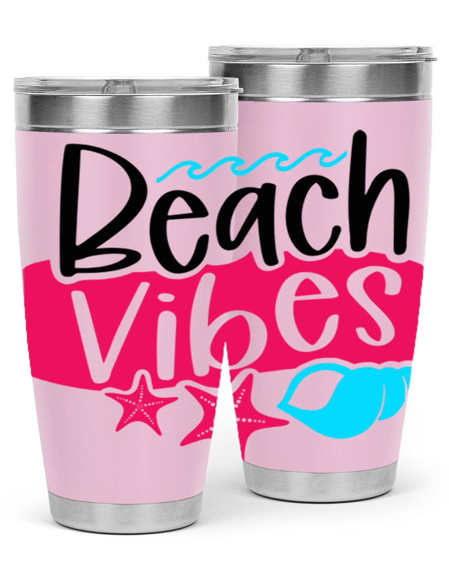 Beach Vibes Style 50# Tumbler in vibrant colors, showcasing its double wall stainless steel design and drink-thru lid.