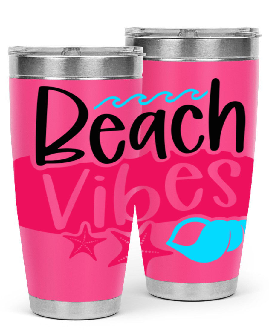 Beach Vibes Style 50# Tumbler in vibrant colors, showcasing its double wall stainless steel design and drink-thru lid.