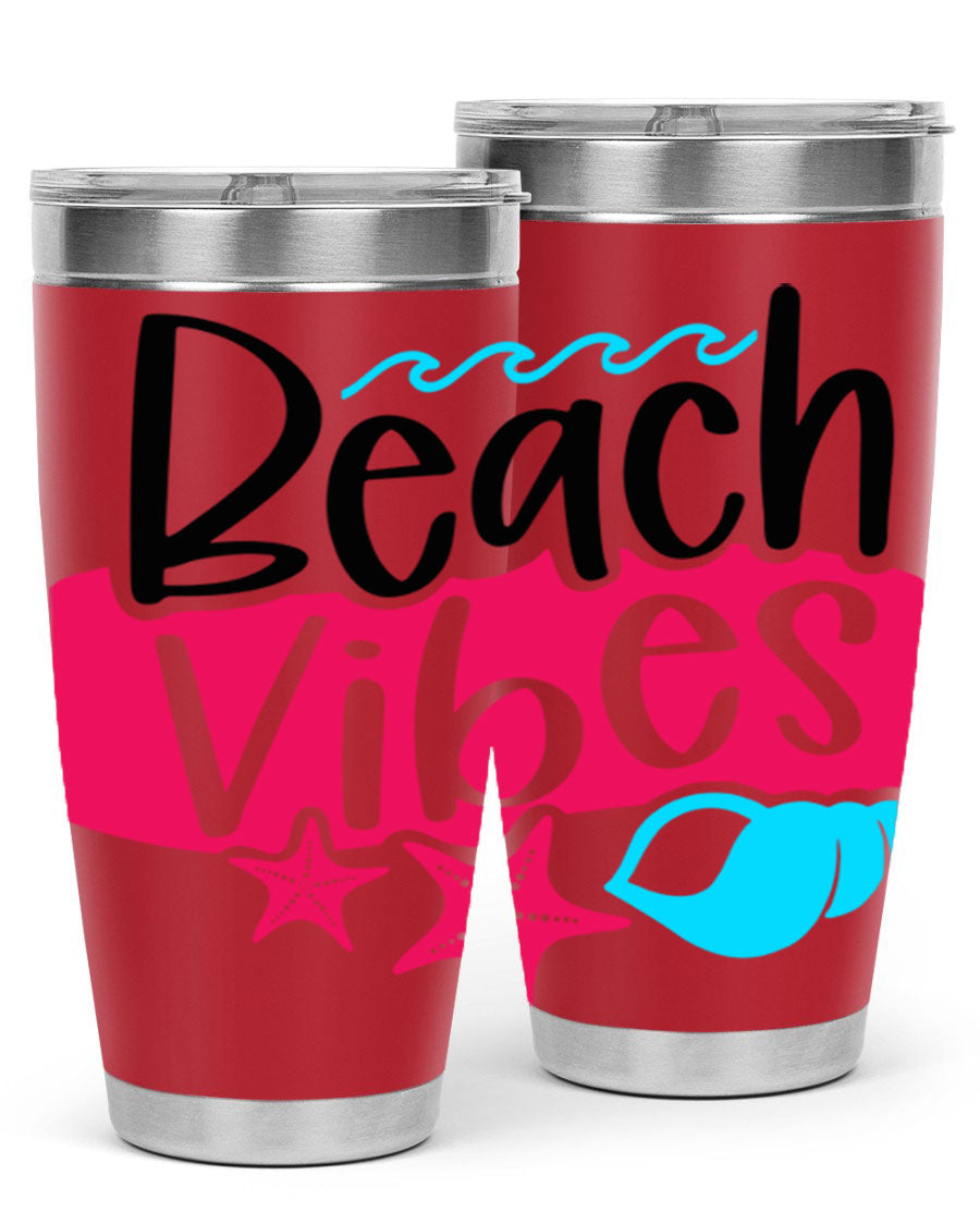 Beach Vibes Style 50# Tumbler in vibrant colors, showcasing its double wall stainless steel design and drink-thru lid.