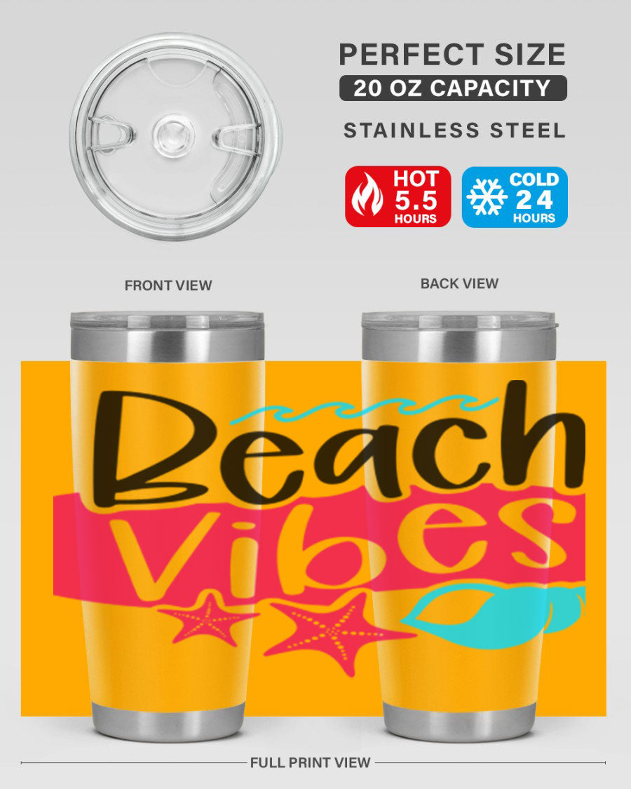 Beach Vibes Style 50# Tumbler in vibrant colors, showcasing its double wall stainless steel design and drink-thru lid.
