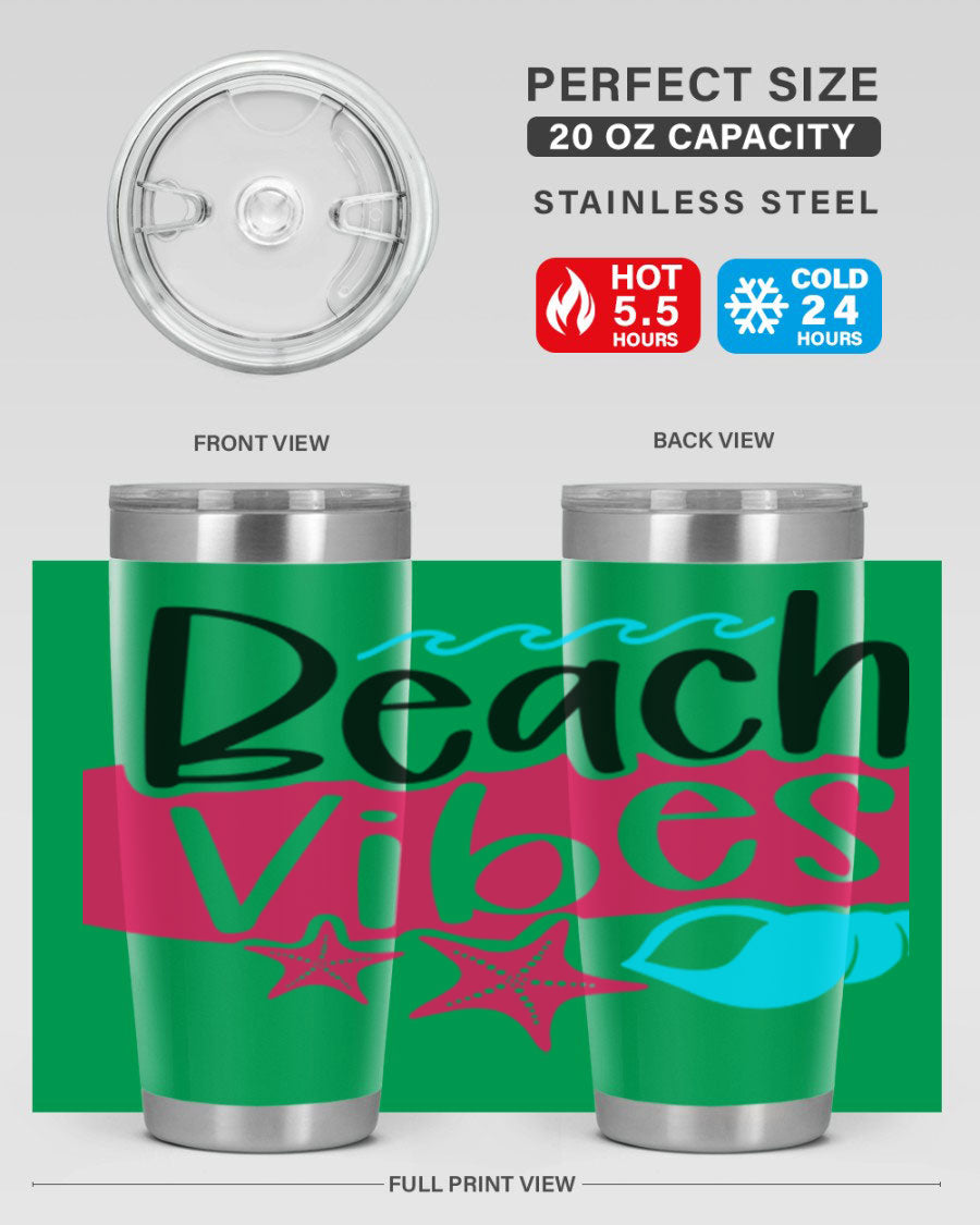 Beach Vibes Style 50# Tumbler in vibrant colors, showcasing its double wall stainless steel design and drink-thru lid.