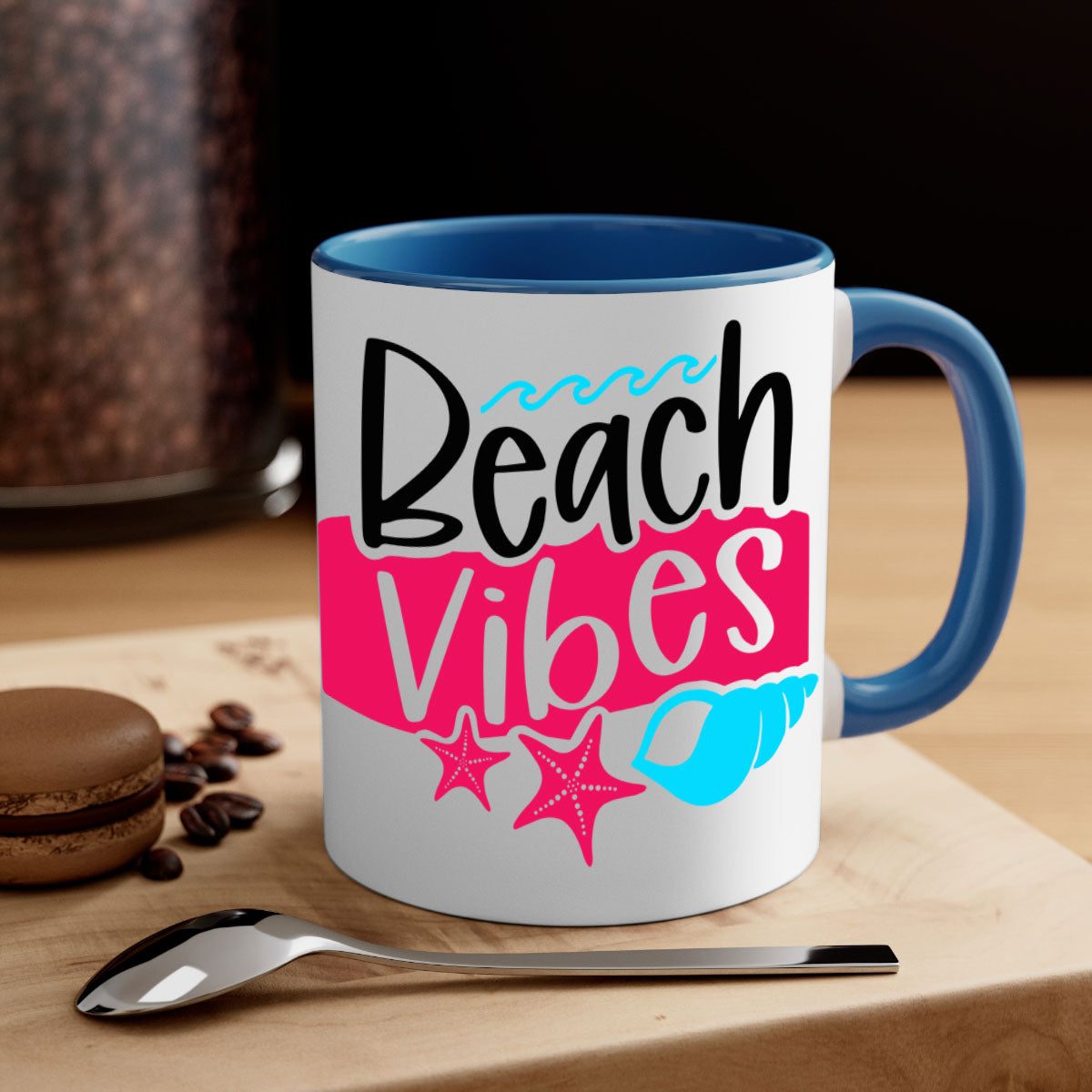 Beach Vibes Style 50# Mug featuring a two-tone design with a colored handle and interior, available in multiple colors and sizes.