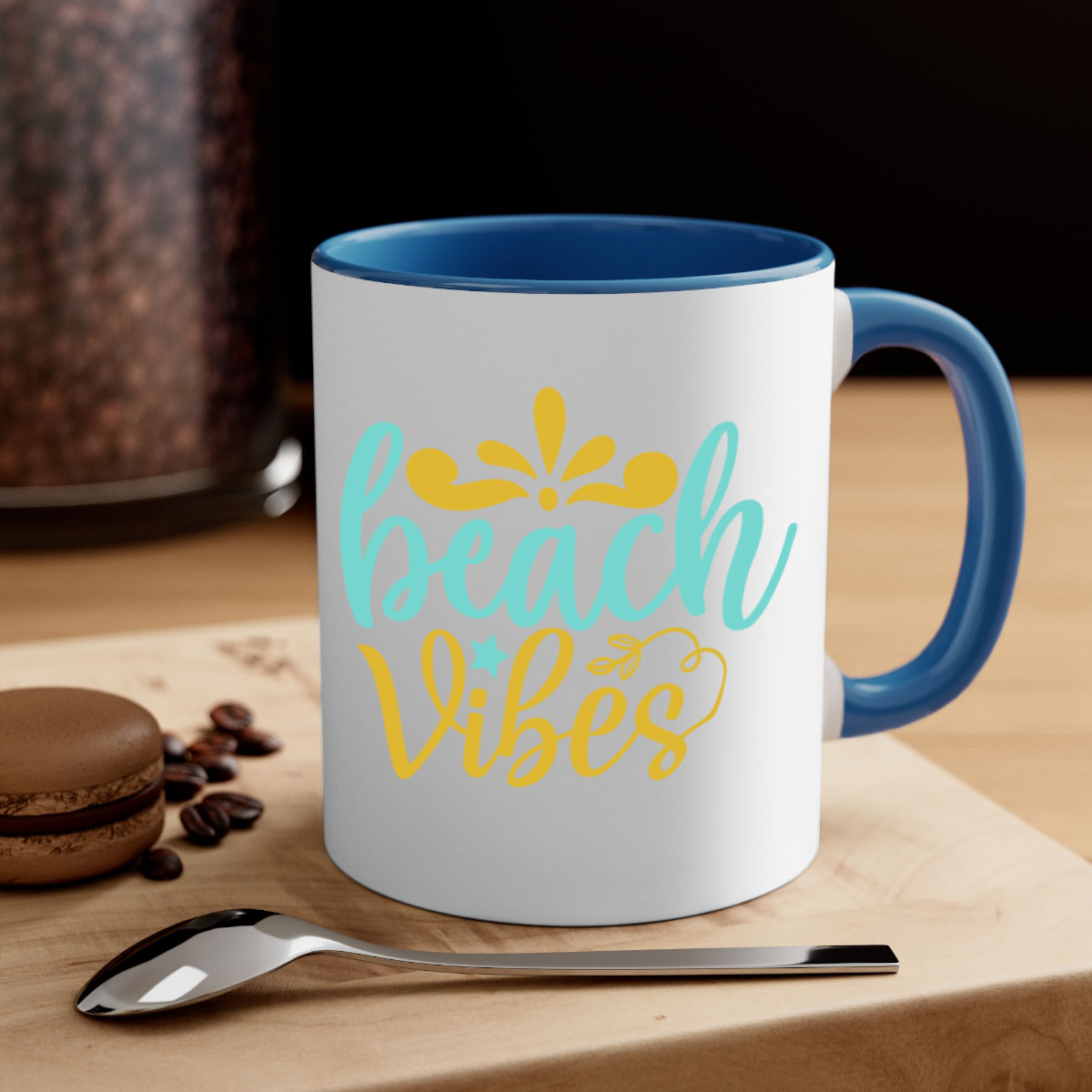 BEACH VIBES Style 70# Mug with a glossy finish, featuring a colored handle and interior, available in multiple colors.
