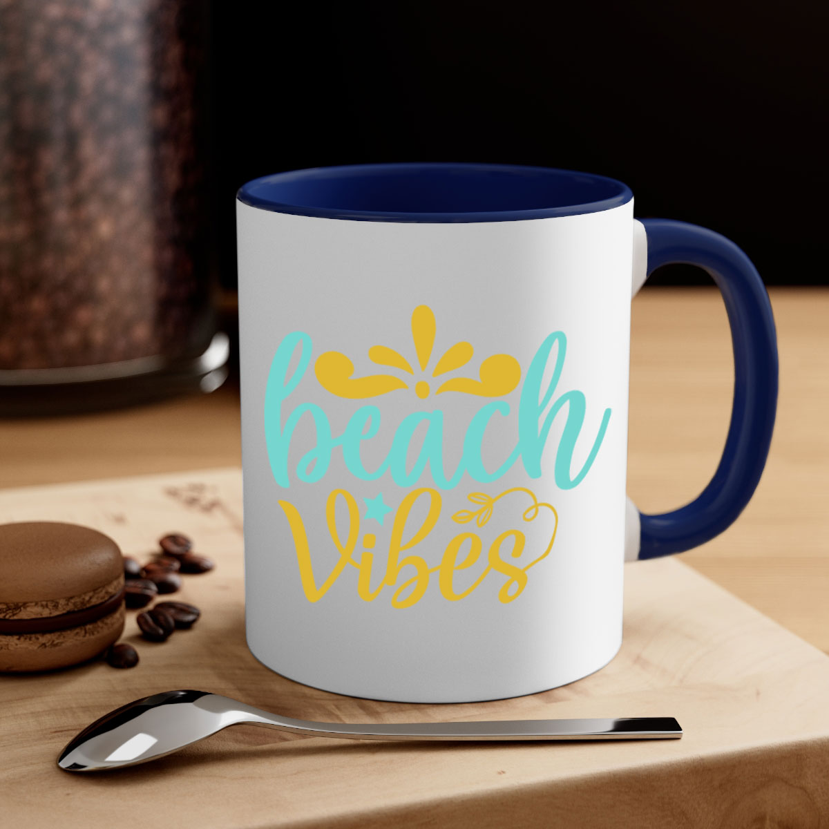 BEACH VIBES Style 70# Mug with a glossy finish, featuring a colored handle and interior, available in multiple colors.