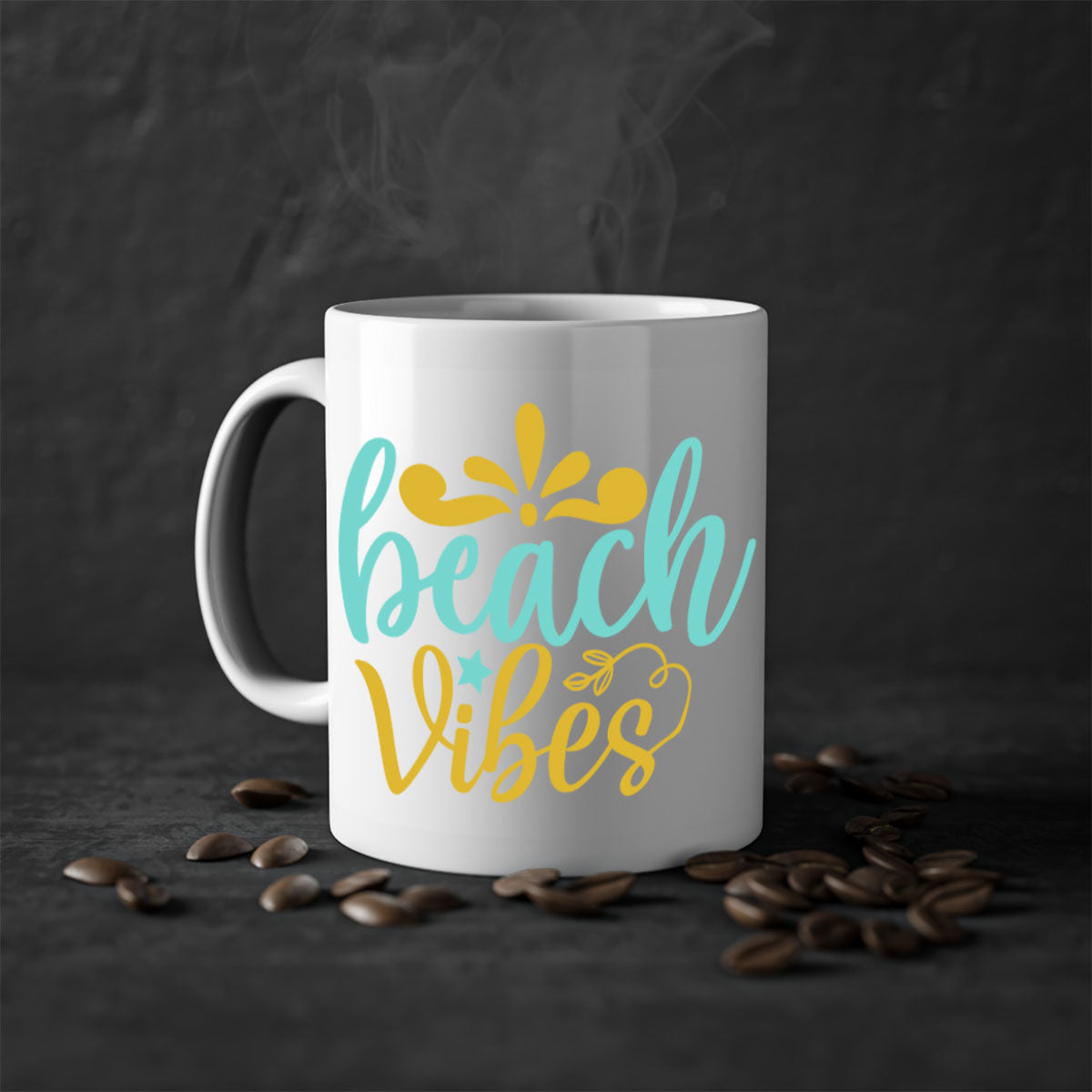 BEACH VIBES Style 70# Mug with a glossy finish, featuring a colored handle and interior, available in multiple colors.