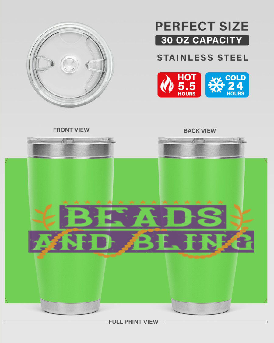 Beads and Bling 40# Mardi Gras Tumbler in vibrant colors, showcasing its double wall stainless steel design and drink-thru lid.