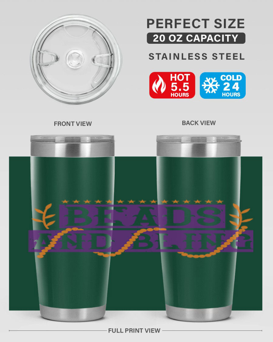 Beads and Bling 40# Mardi Gras Tumbler in vibrant colors, showcasing its double wall stainless steel design and drink-thru lid.