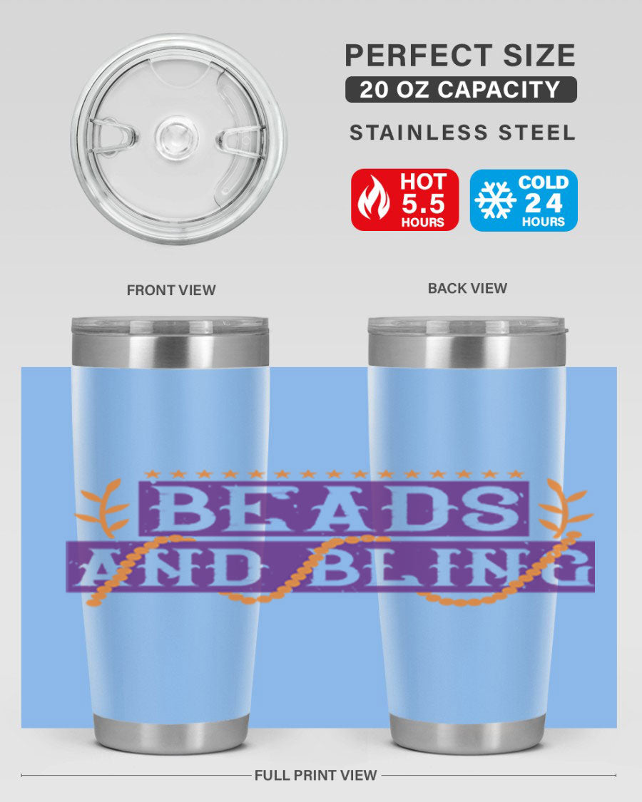 Beads and Bling 40# Mardi Gras Tumbler in vibrant colors, showcasing its double wall stainless steel design and drink-thru lid.